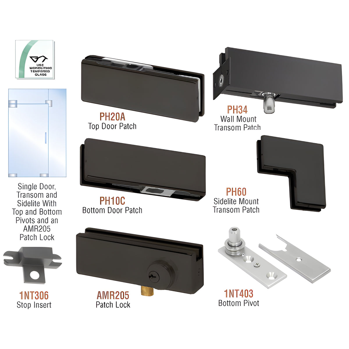 CRL Matte Black North American Patch Door Kit for Use With Fixed Transom and One Sidelite - Without Lock