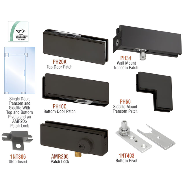 CRL Matte Black North American Patch Door Kit for Use With Fixed Transom and One Sidelite - Without Lock