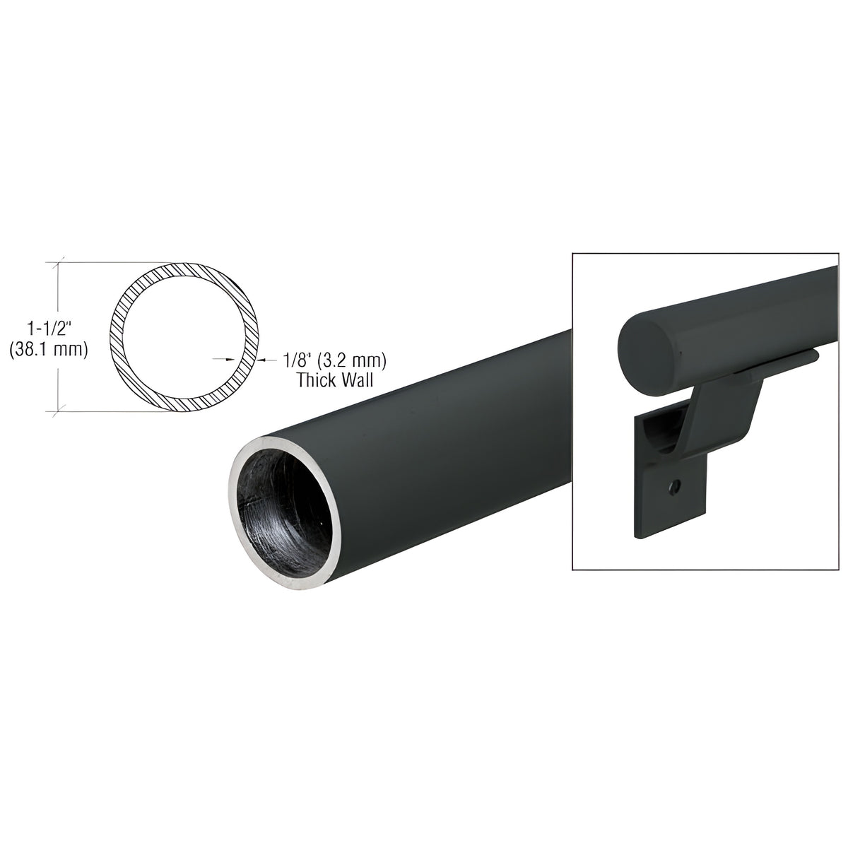 CRL Matte Black Quick Connect 1-1/2" Diameter Aluminum Hand Rail