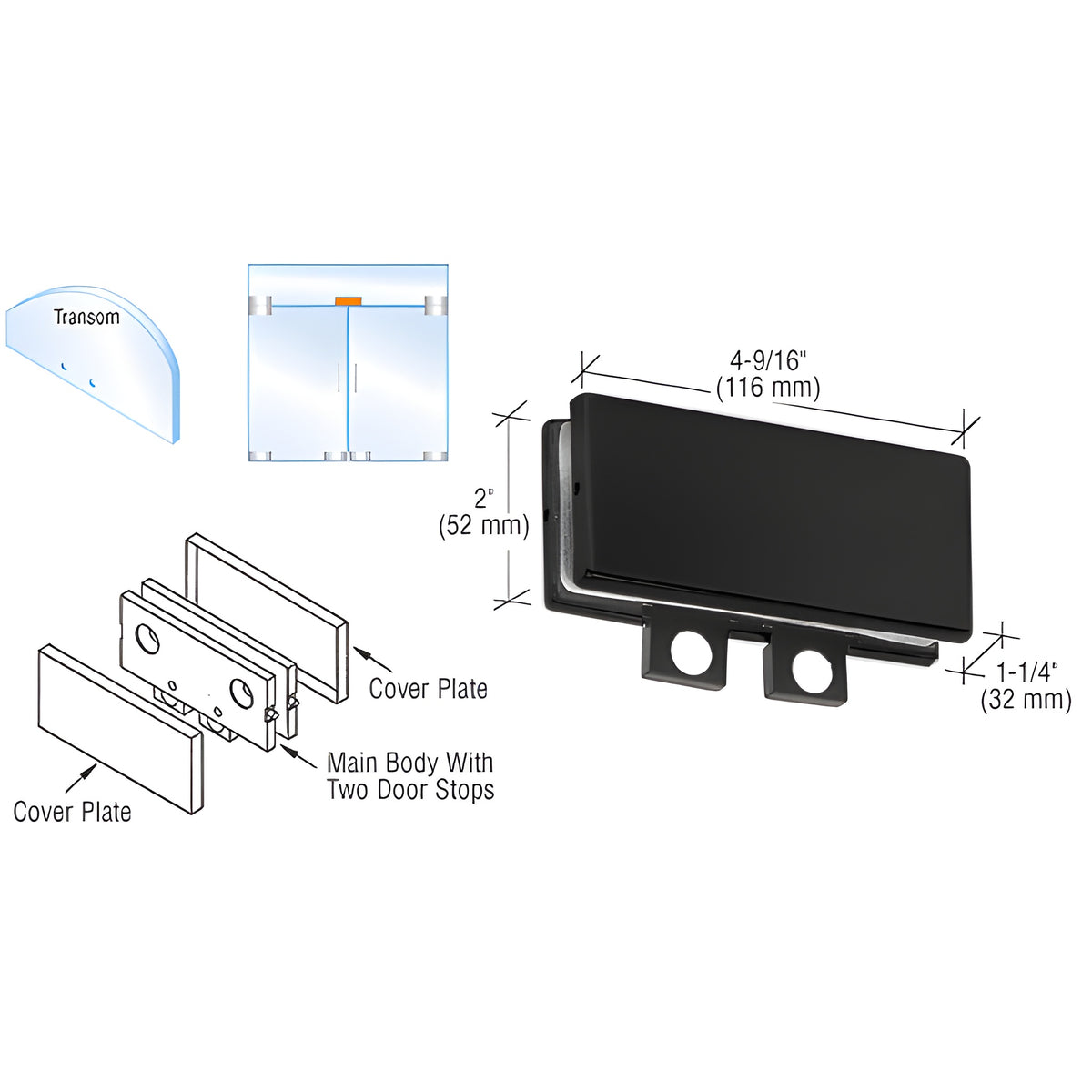 CRL Matte Black Transom Mounted Connector With Two Reversible Door Stops