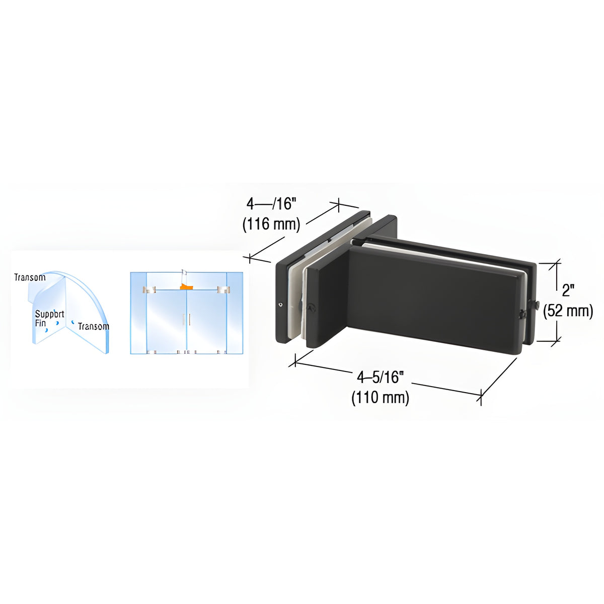 CRL Matte Black Transom Mounted Patch Connector With Support Fin Bracket