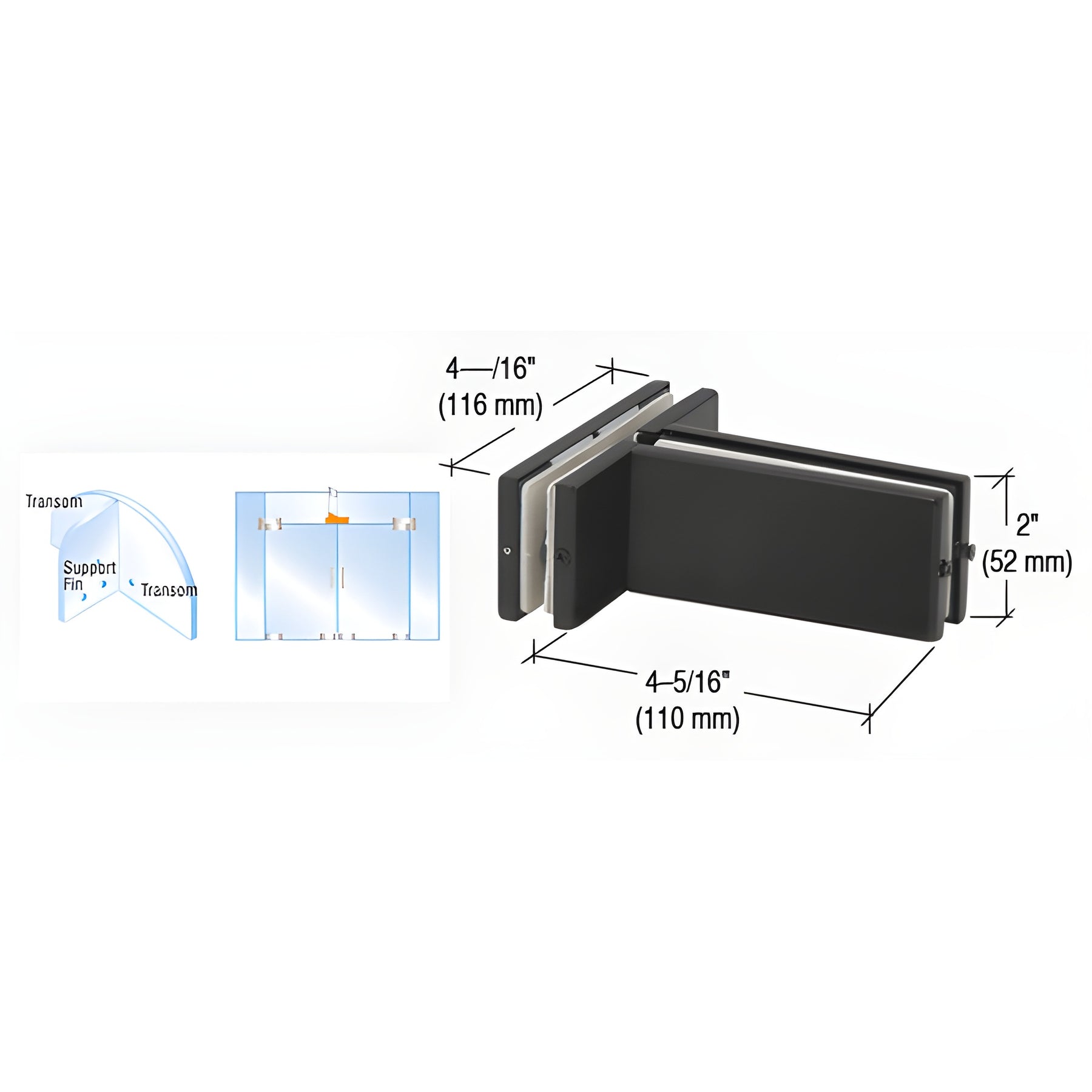 CRL Matte Black Transom Mounted Patch Connector With Support Fin Bracket