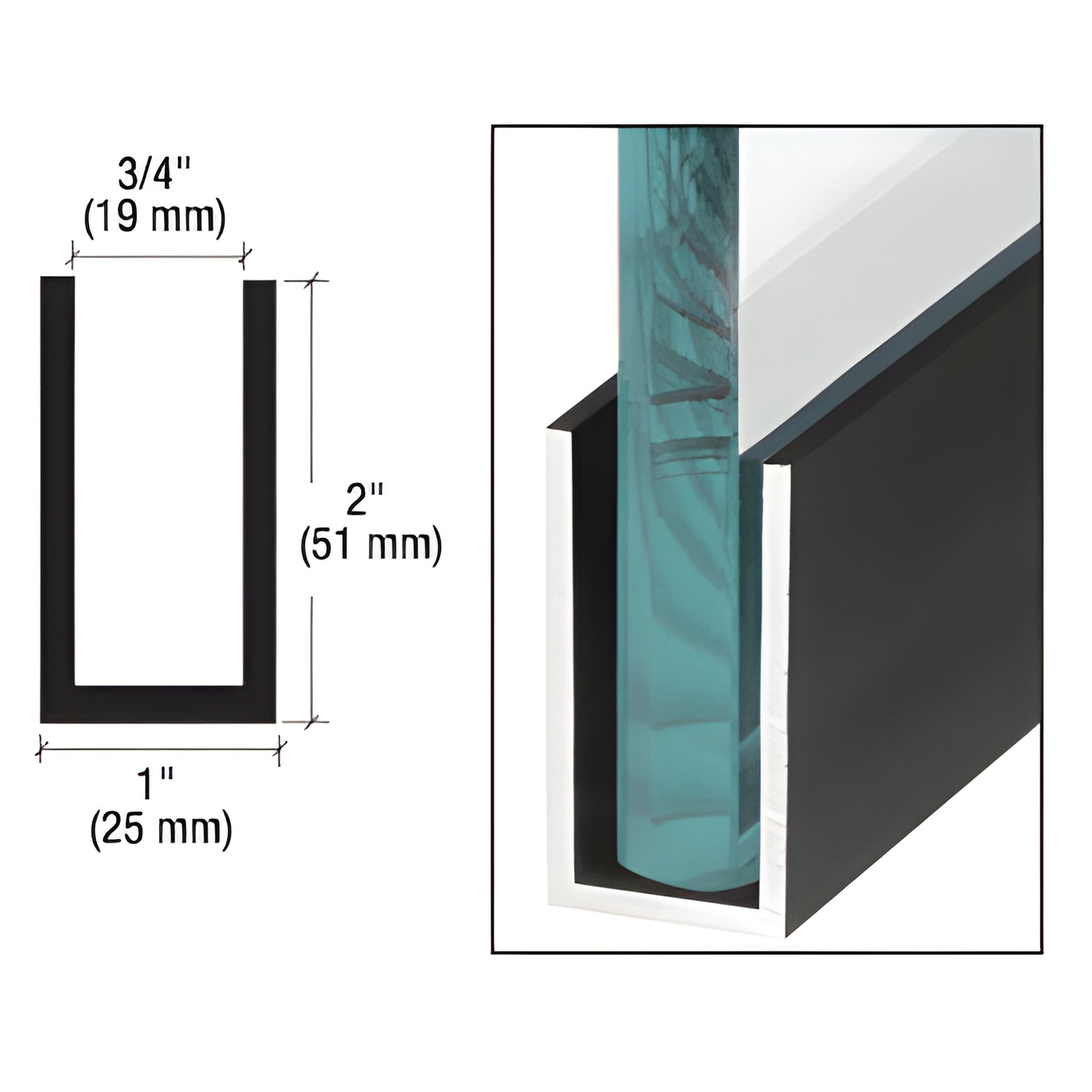 CRL Matte Black Wet / Dry Glaze 2" Deep U-Channel 240" Stock Length
