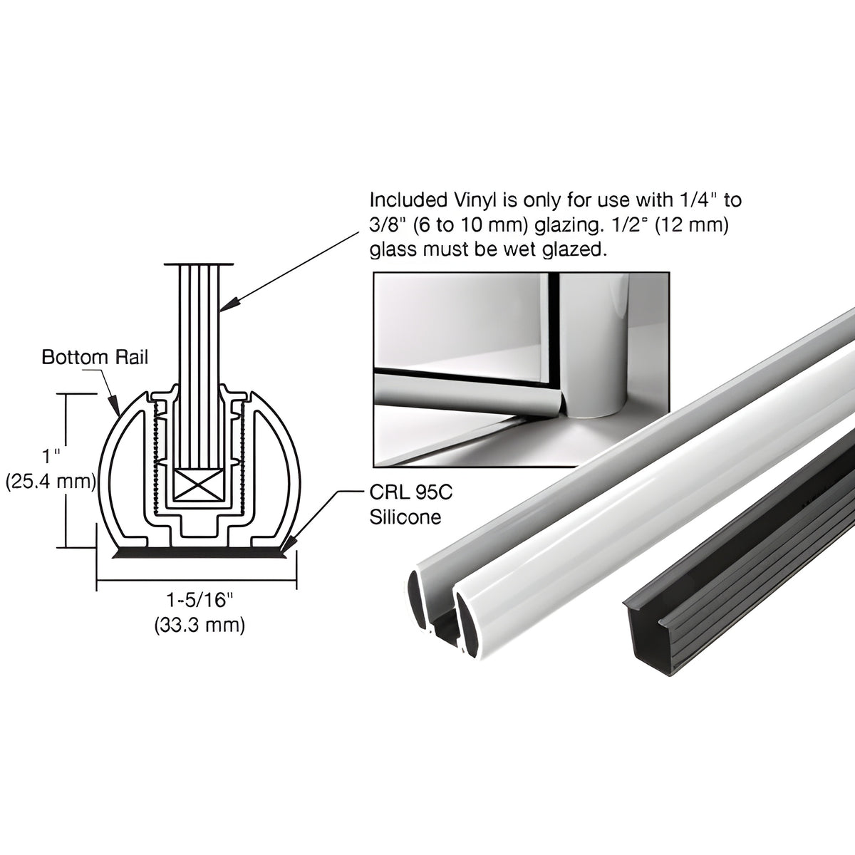 CRL Metallic Silver AWS 48" Bottom Rail Kit With Rigid Glazing Vinyl