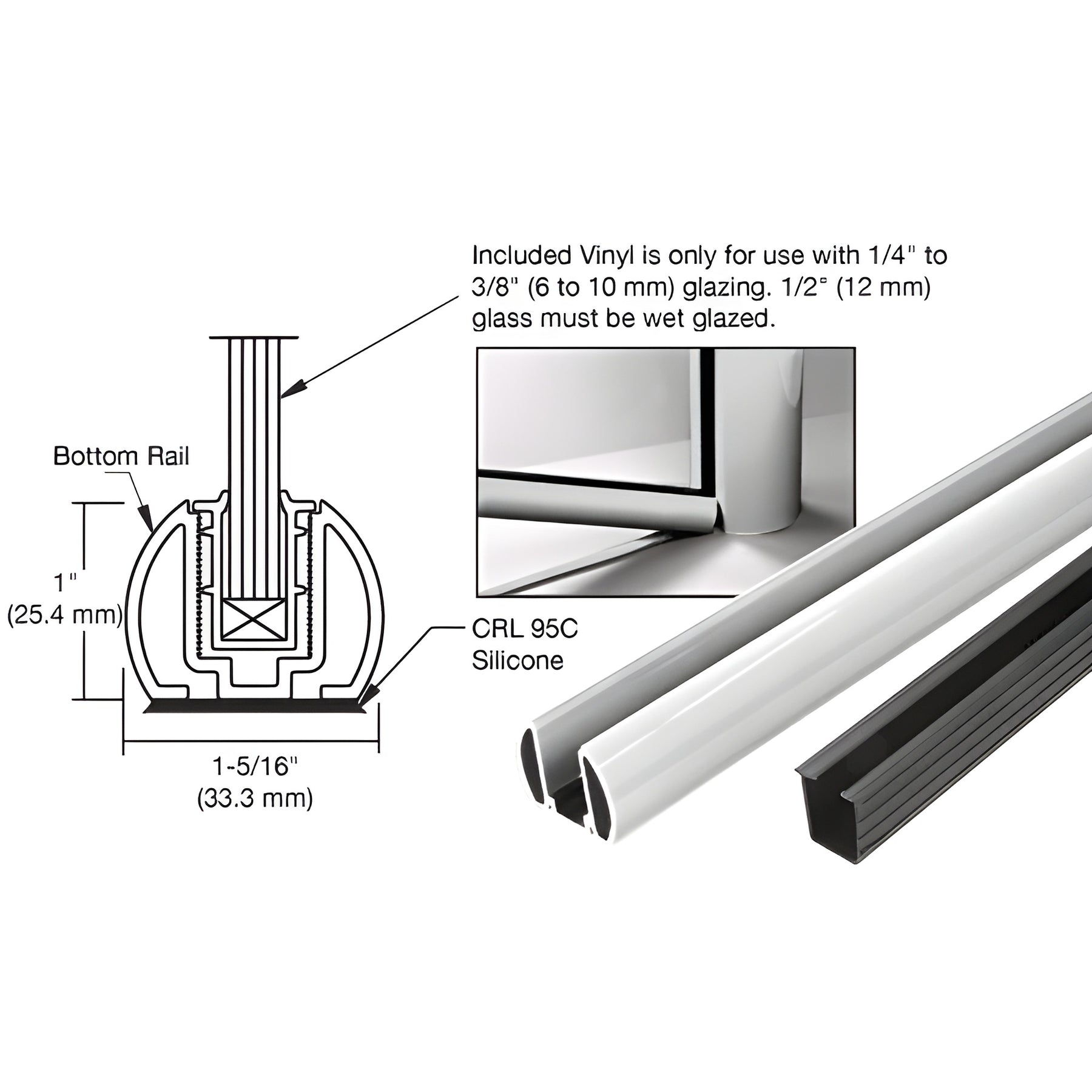 CRL Metallic Silver AWS 48" Bottom Rail Kit With Rigid Glazing Vinyl