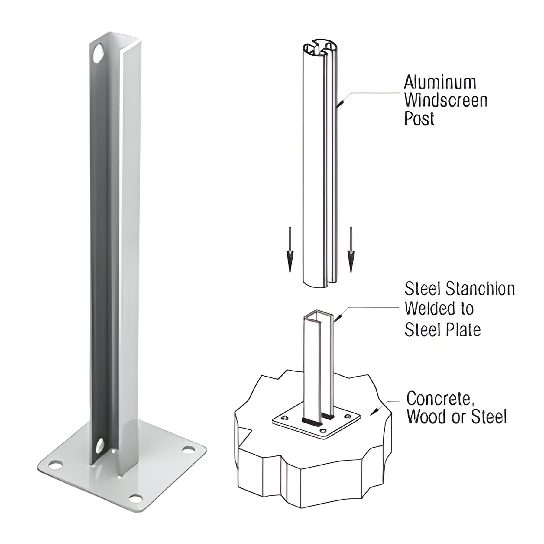 CRL Metallic Silver AWS Steel Stanchion for 180 Degree Round or Rectangular Center or End Posts