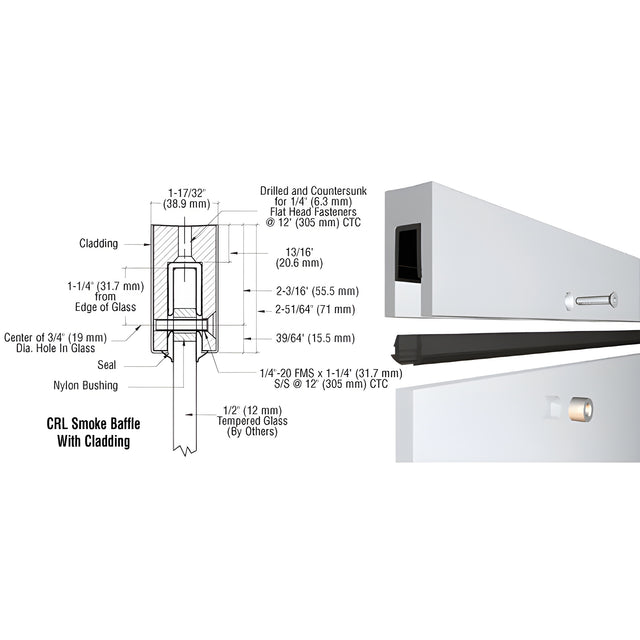 CRL Mill Aluminum Smoke Baffle Base Shoe for 1/2" Glass in a 10' Length