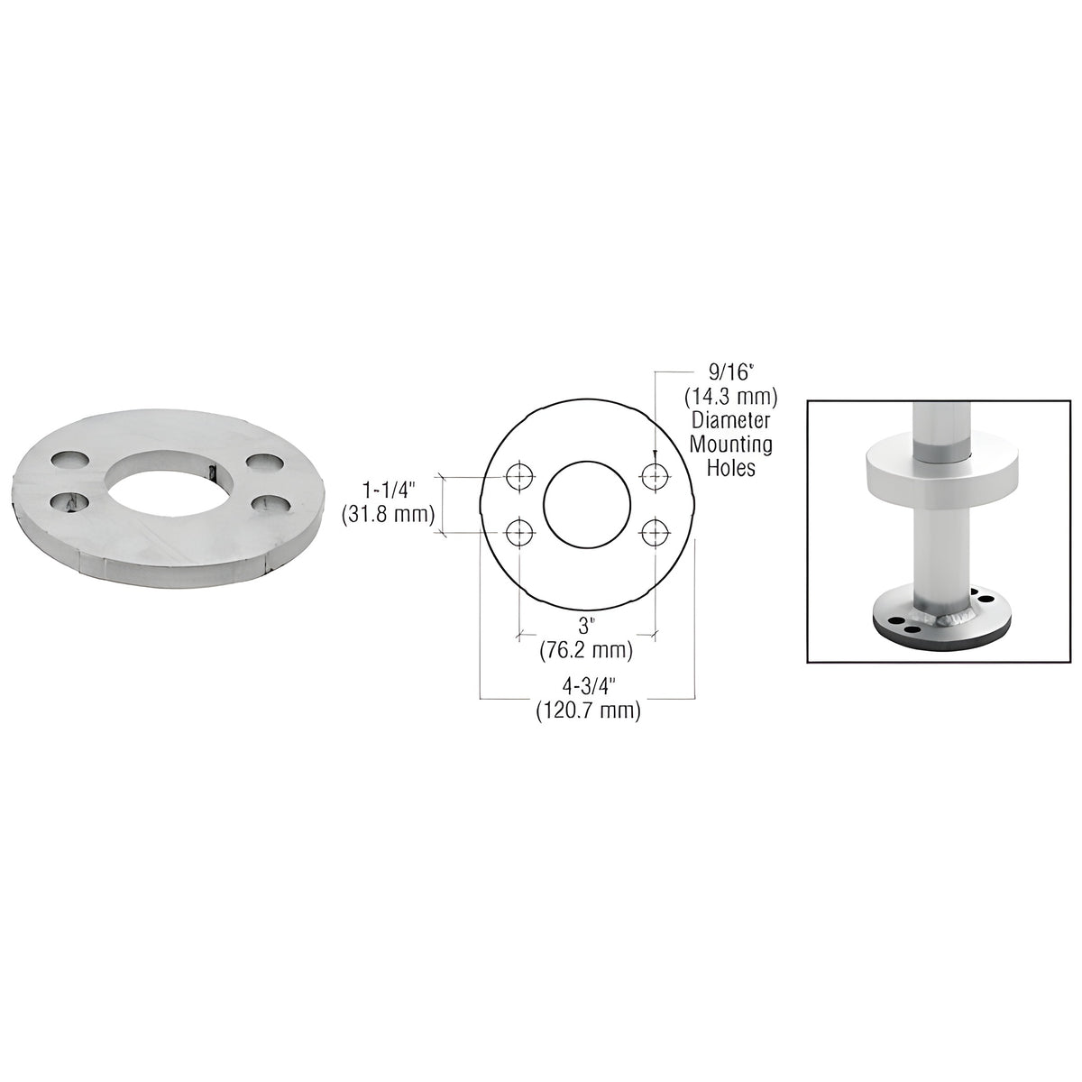 CRL Mill Finish Aluminum Base Flange for 1-1/2" Schedule 40 Pipe Railings - Wood Mount