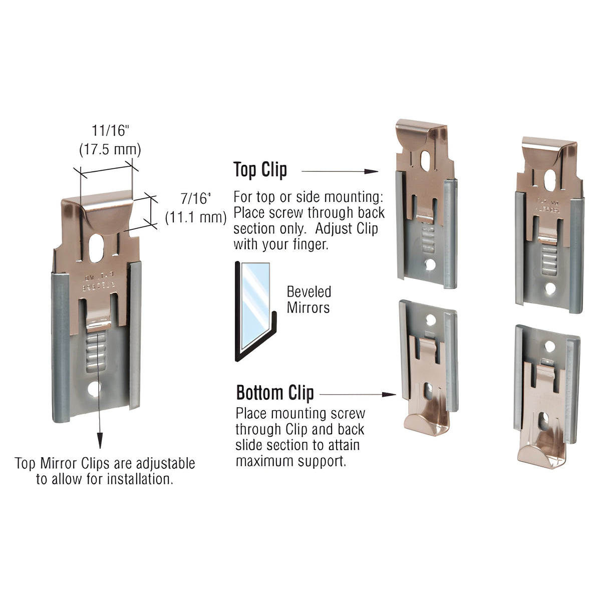 CRL Nickel Plated Adjustable Mirror Clip Set for 1/4" Beveled Mirror