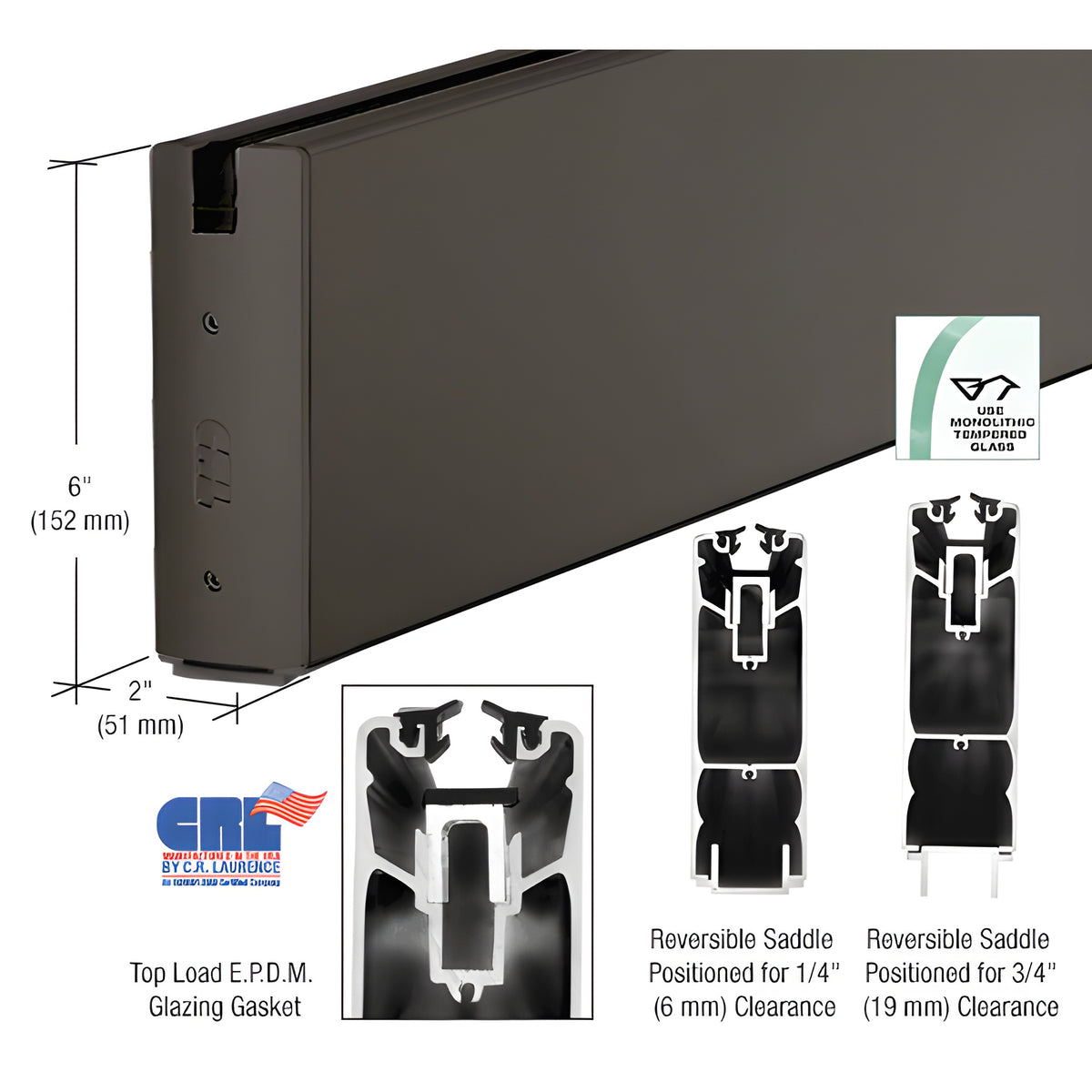 CRL Oil Rubbed Bronze 6" Custom Length Square Sidelite Rail for 3/8" and 1/2" Glass