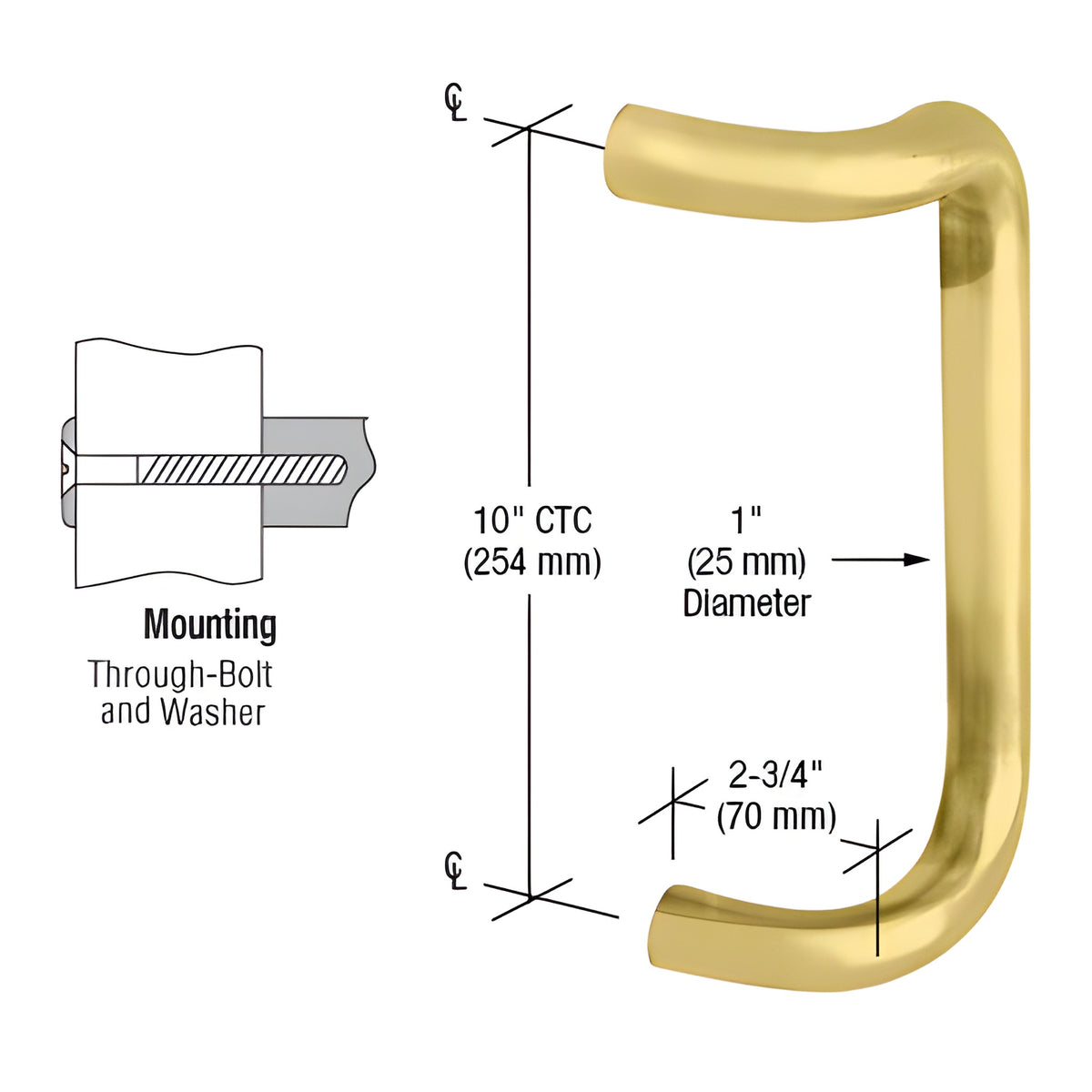 CRL Polished Brass 10" Single Offset Door Pull