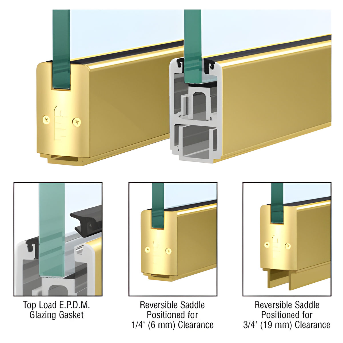 CRL Polished Brass 2-5/16" x 120" Length Low Profile Sidelite Rail With Saddle