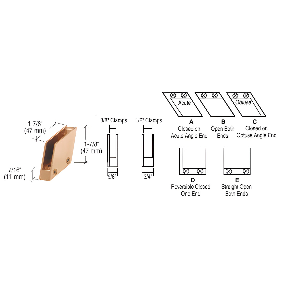 CRL Polished Brass 3/8" 128 Degree Slant Obtuse End Clamp Type 'C' Stair and Walkway Railings