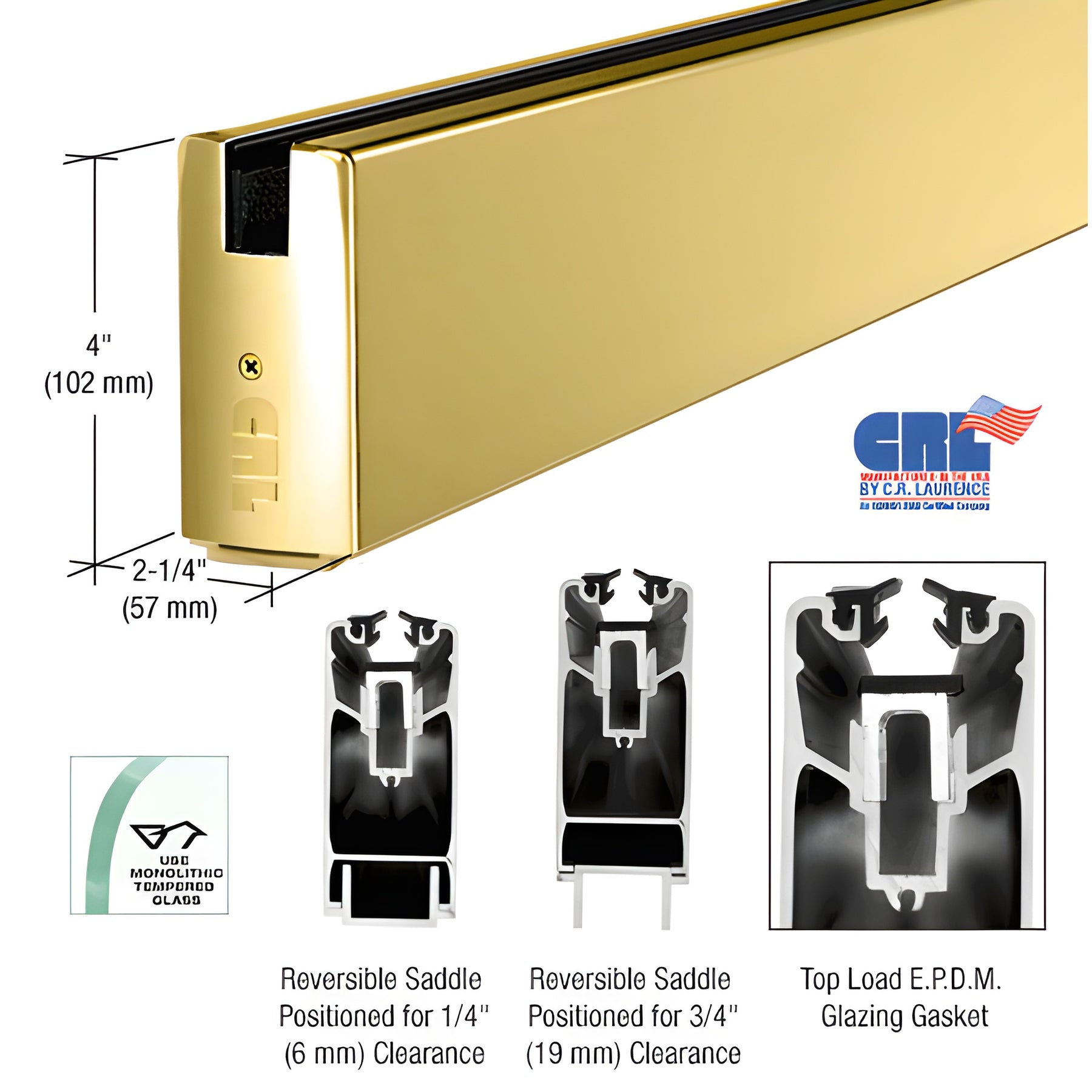 CRL Polished Brass 4" x 120" Length Square Sidelite Rails for 3/4" Glass