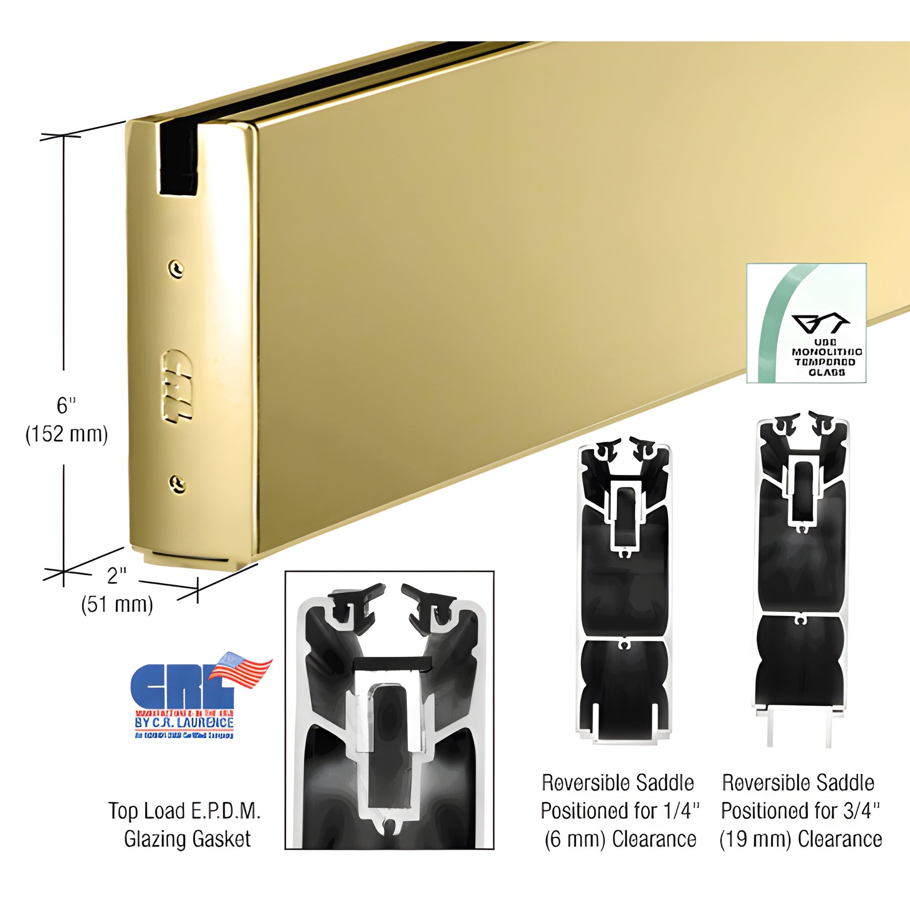 CRL Polished Brass 6" Custom Length Square Sidelite Rail for 3/8" and 1/2" Glass