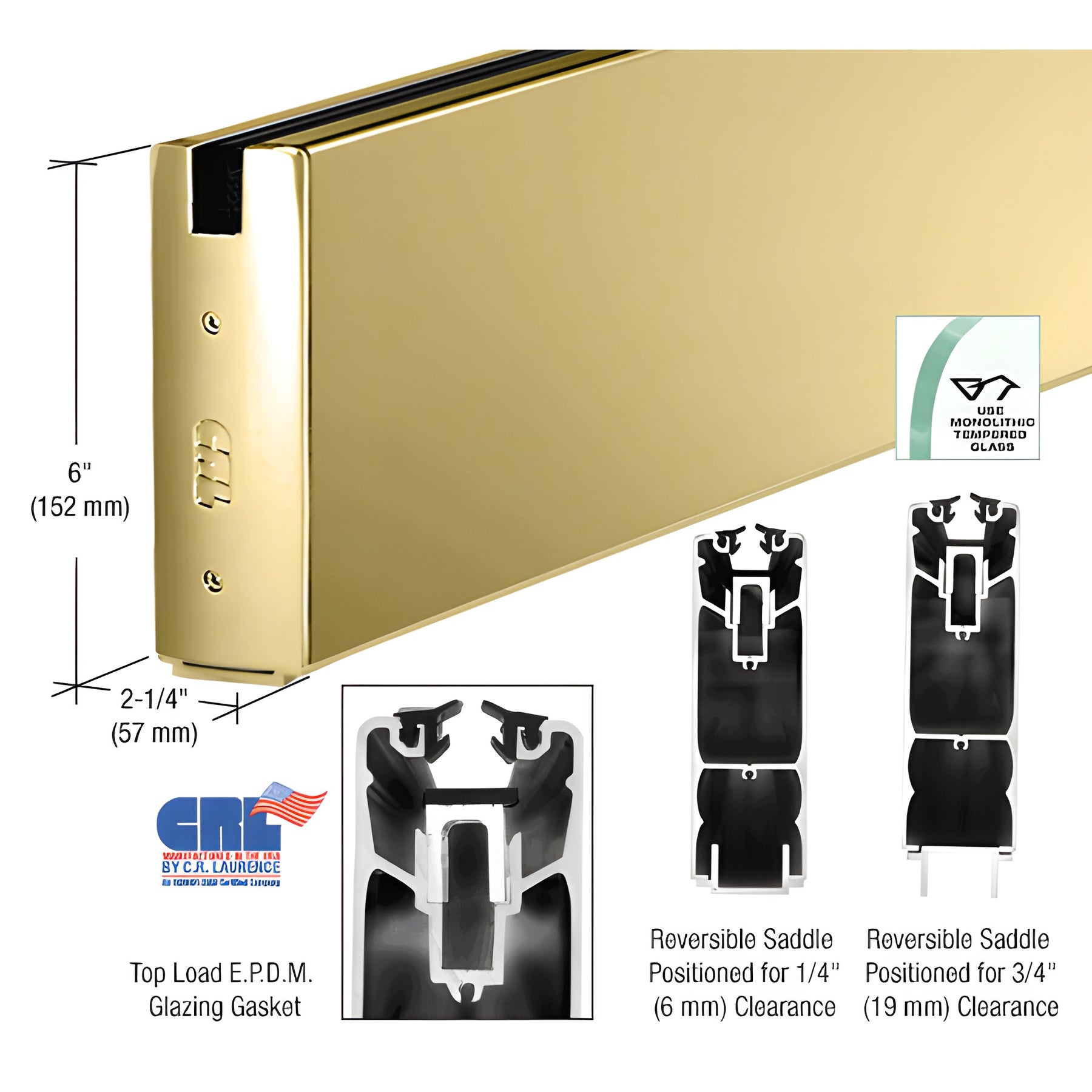 CRL Polished Brass 6" Square Sidelite Rail for 3/4" Glass 120" Length