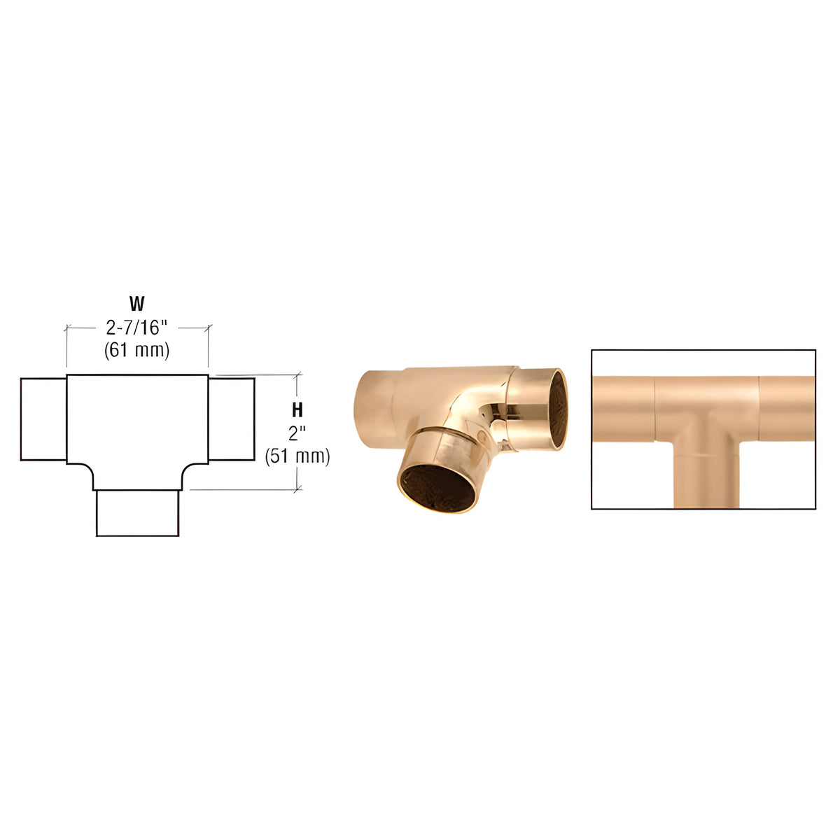 CRL Polished Brass Flush Tee for 1-1/2" Tubing
