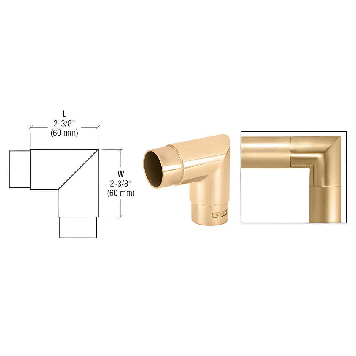 CRL Polished Brass Mitered Style 90 Degree Corner for 1-1/2" Tubing
