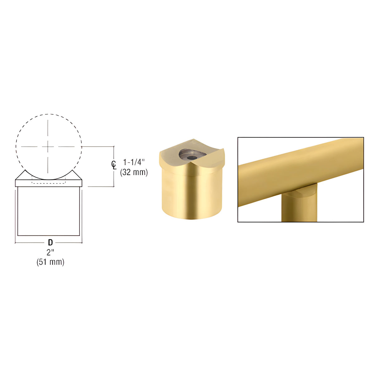 CRL Polished Brass Perpendicular Collar for 2" Tubing