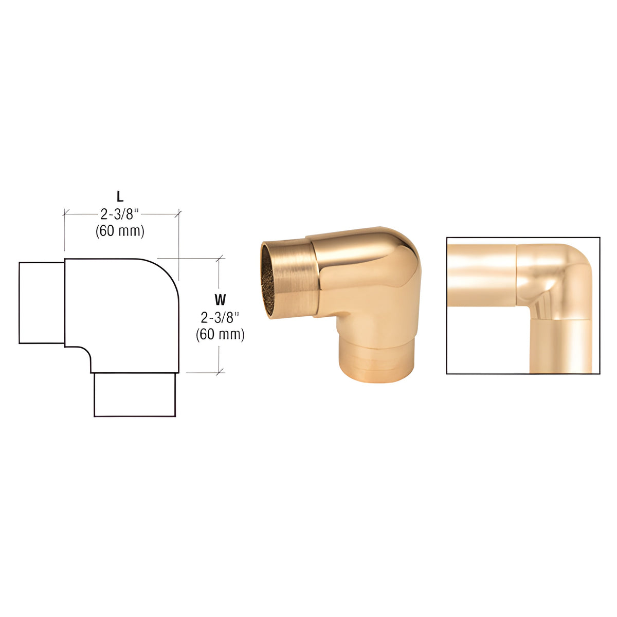 CRL Polished Brass Sharp Radius 90 Degree Corner for 2" Tubing
