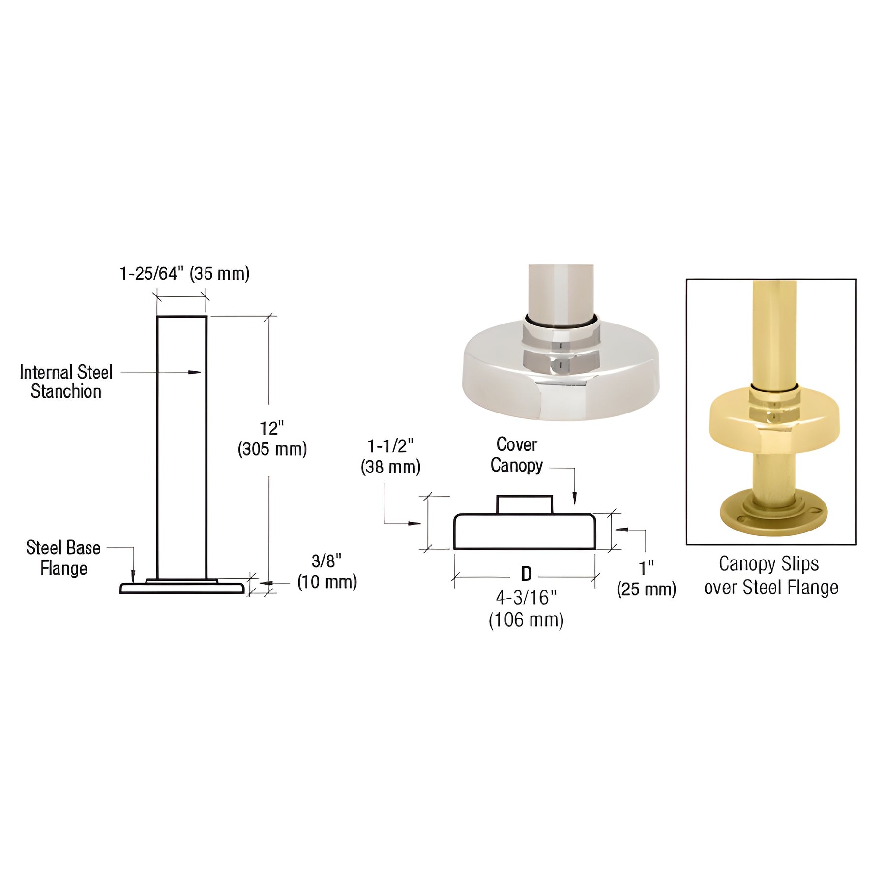 CRL Polished Brass Steel Flange and Canopy for 1-1/2" Tubing