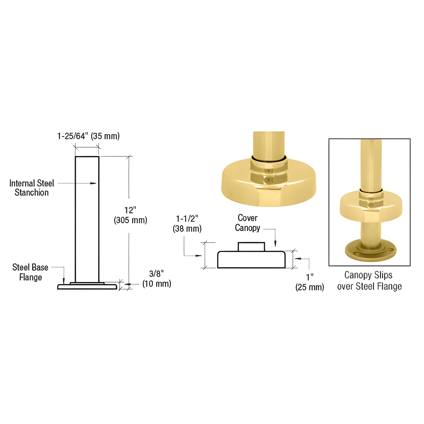 CRL Polished Brass Steel Flange and Canopy for 2" Tubing