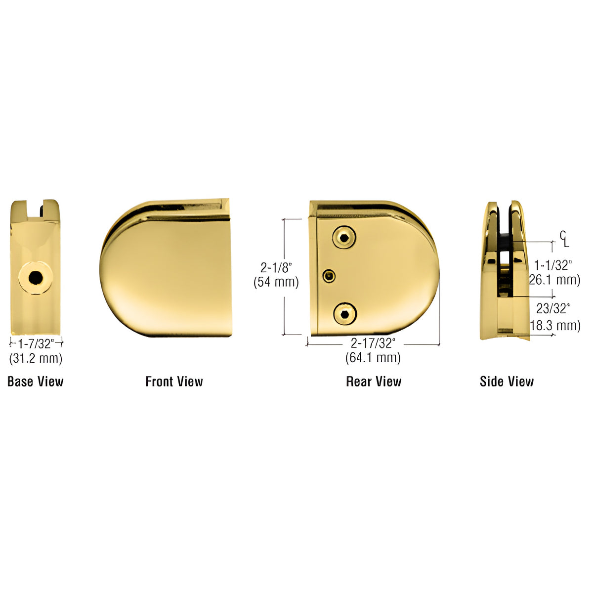 CRL Polished Brass Z-Series Round Type 2" Radius Base Zinc Clamp for 1/2" Glass