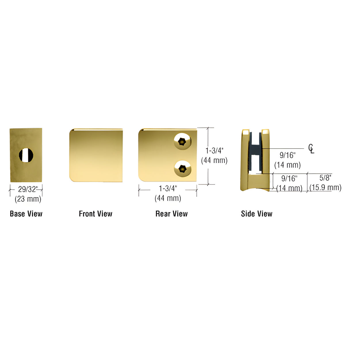 CRL Polished Brass Z-Series Small Square Glass Clamp for 1/4" and 5/16" Glass