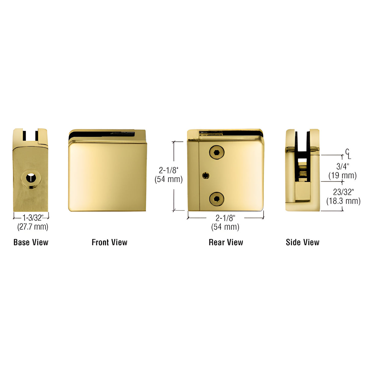 CRL Polished Brass Z-Series Square Type Flat Base Zinc Clamp for 3/8" Glass
