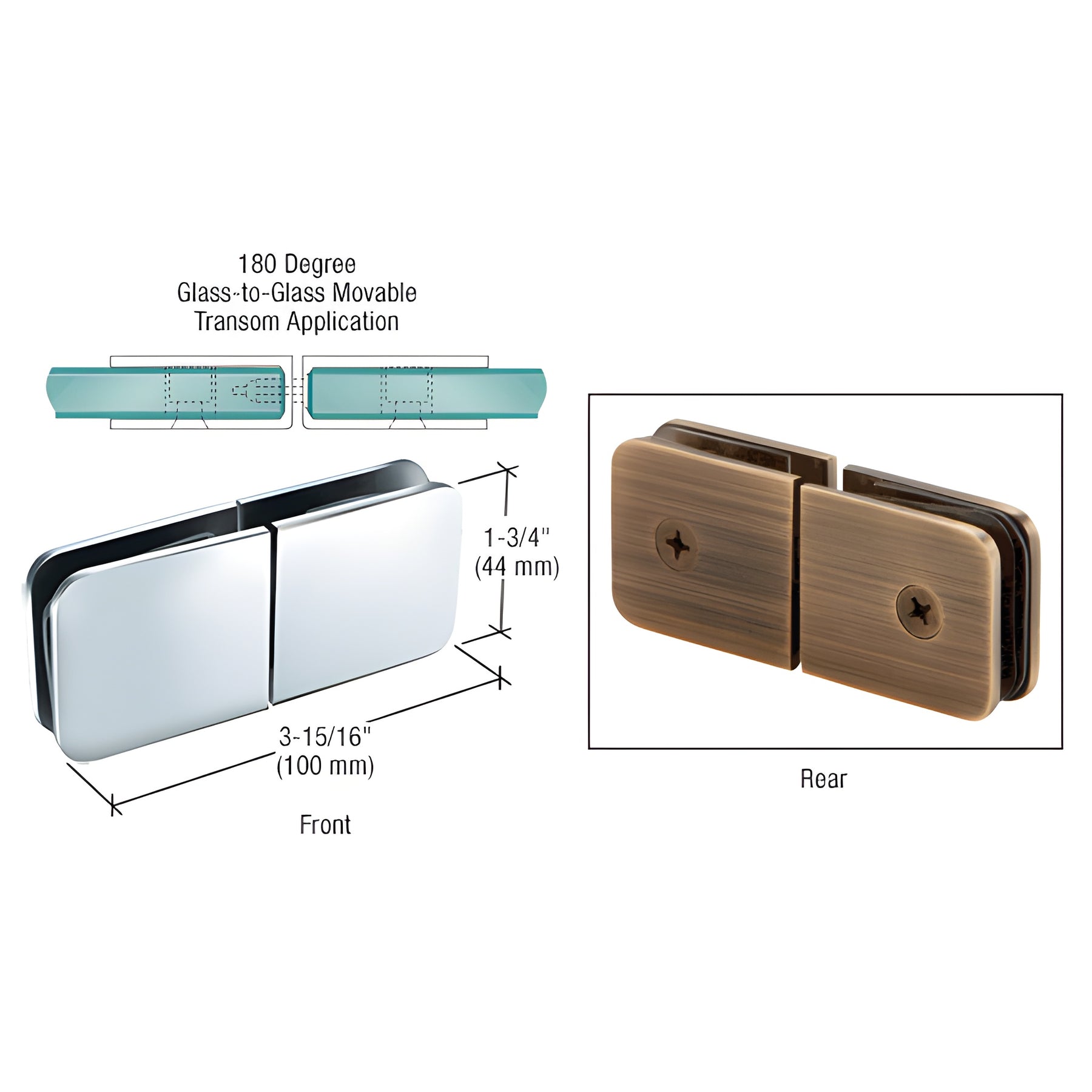 CRL Polished Chrome Traditional Style Movable Glass-To-Glass Transom Glass Clamp