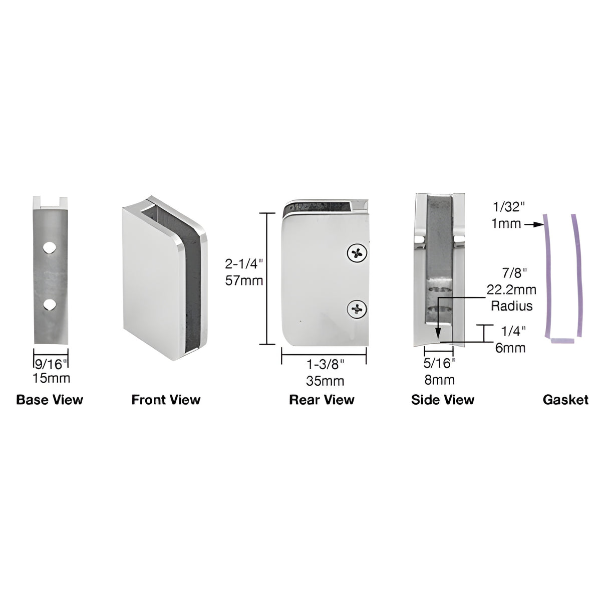 CRL Polished Stainless 1/4" Closed Bottom Left Hand Bottom Radius Base Glass Clip
