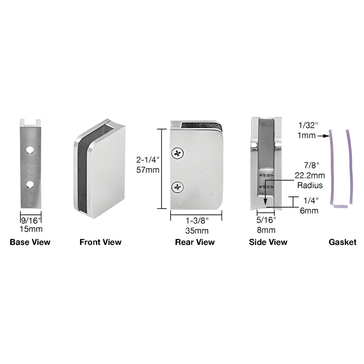 CRL Polished Stainless 1/4" Closed Bottom Right Hand Radius Base Glass Clip