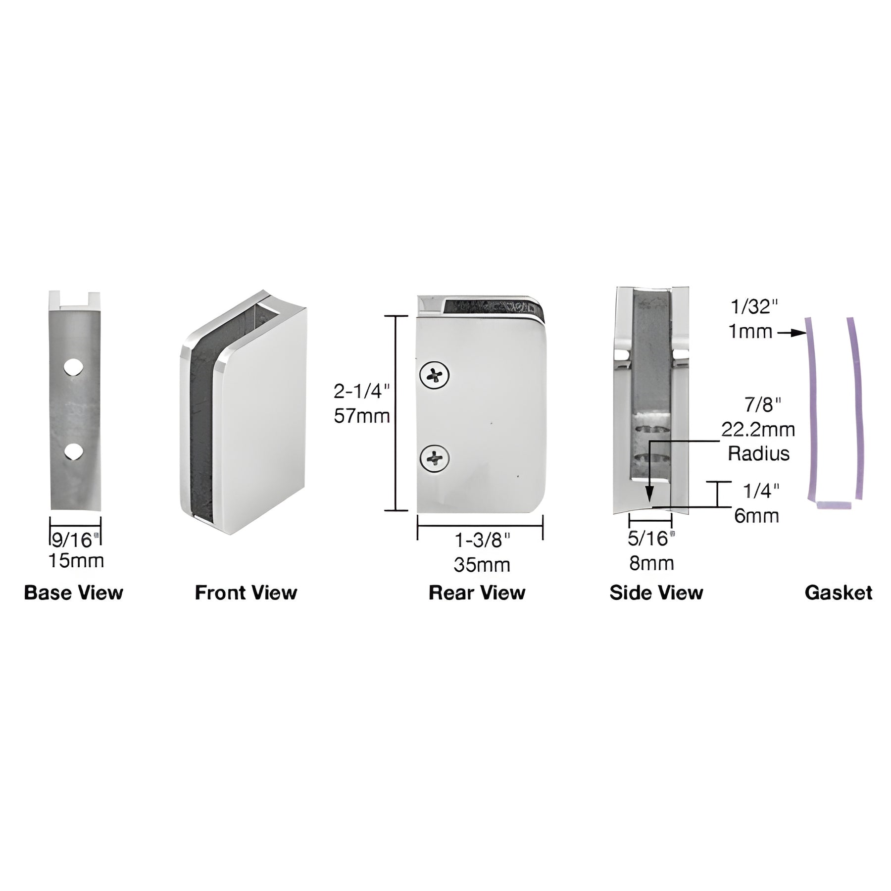 CRL Polished Stainless 1/4" Closed Bottom Right Hand Radius Base Glass Clip