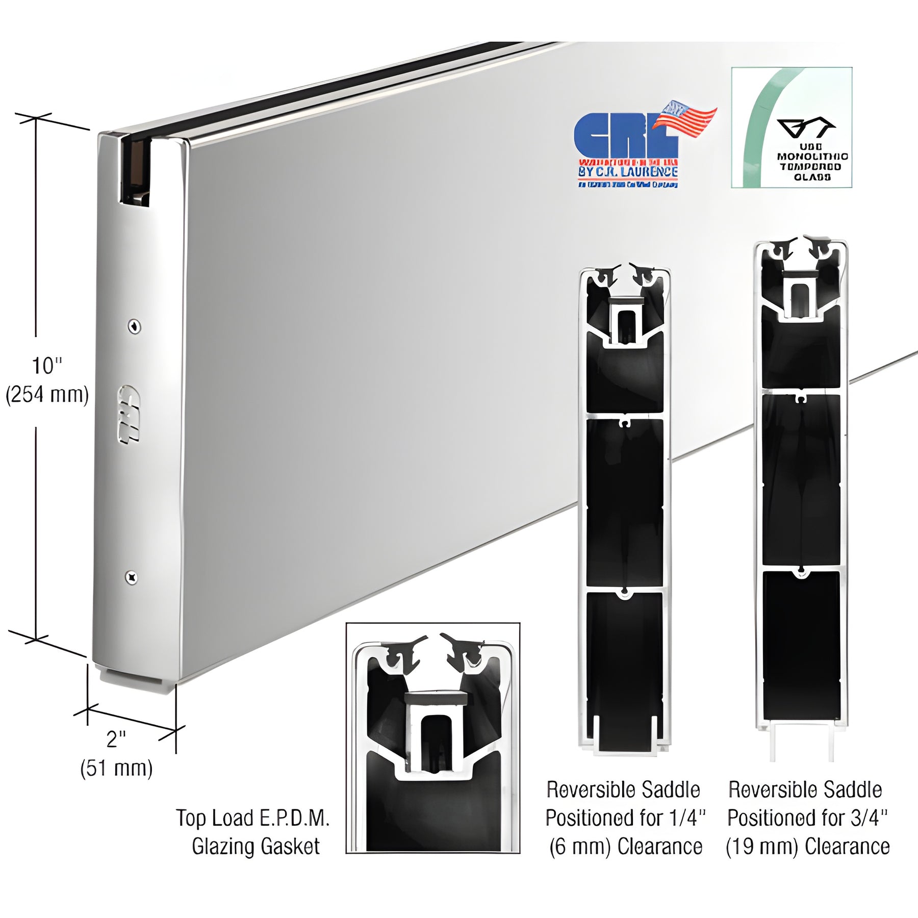 CRL Polished Stainless 10" Custom Length Square Sidelite Rail for 3/8" or 1/2" Glass