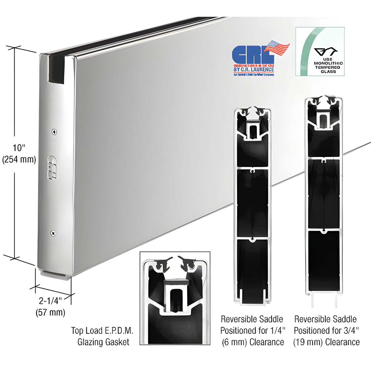 CRL Polished Stainless 10" x Custom Length Square Sidelite Rail for 5/8" or 3/4" Glass