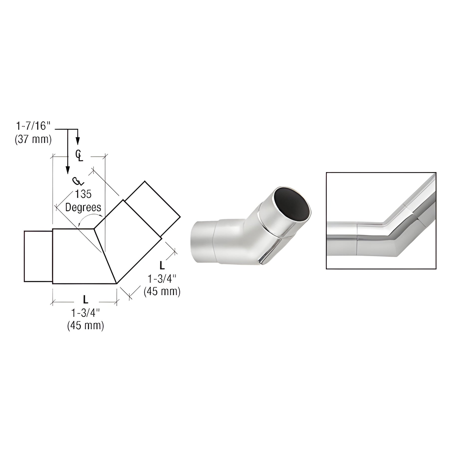 CRL Polished Stainless 135 Degree Flush Angle for 1-1/2" Tubing