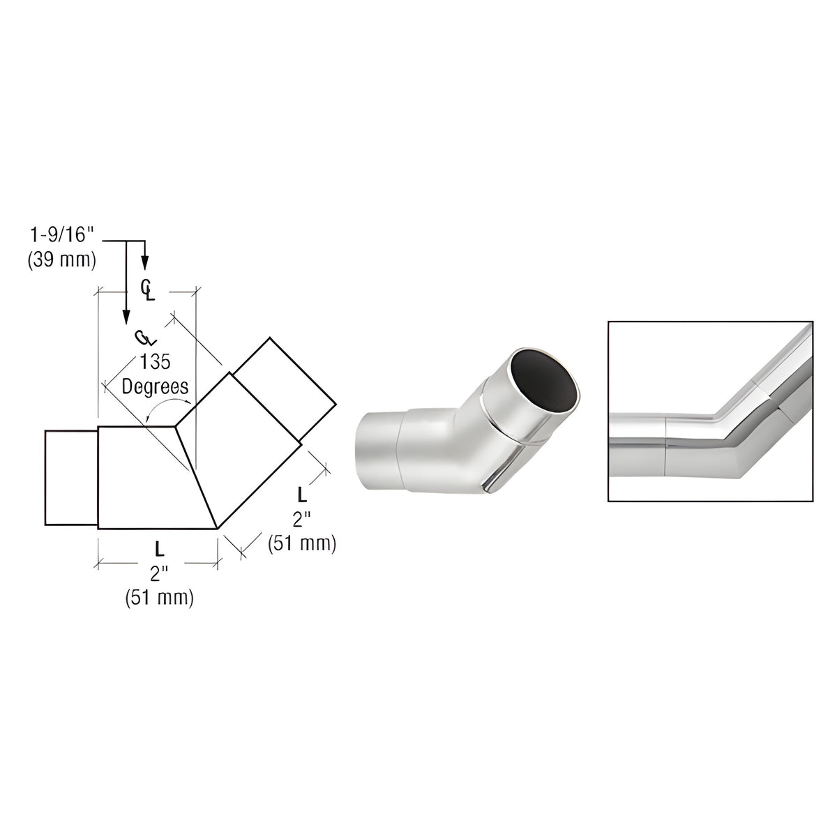 CRL Polished Stainless 135 Degree Flush Angle for 2" Tubing