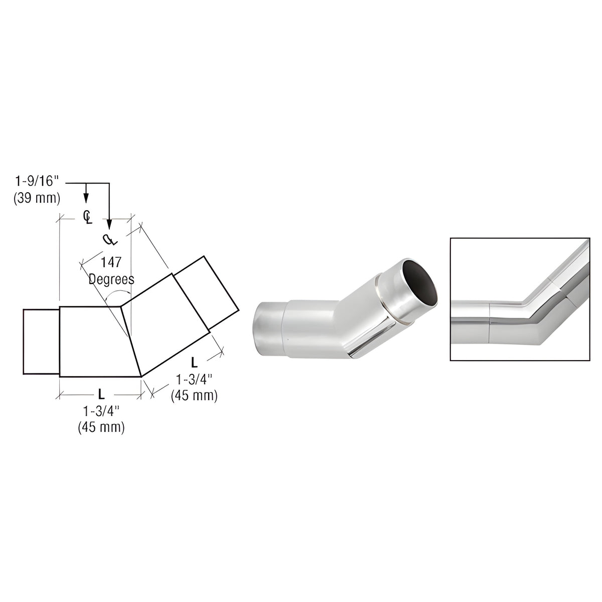 CRL Polished Stainless 147 Degree Flush Angle for 1-1/2" Tubing