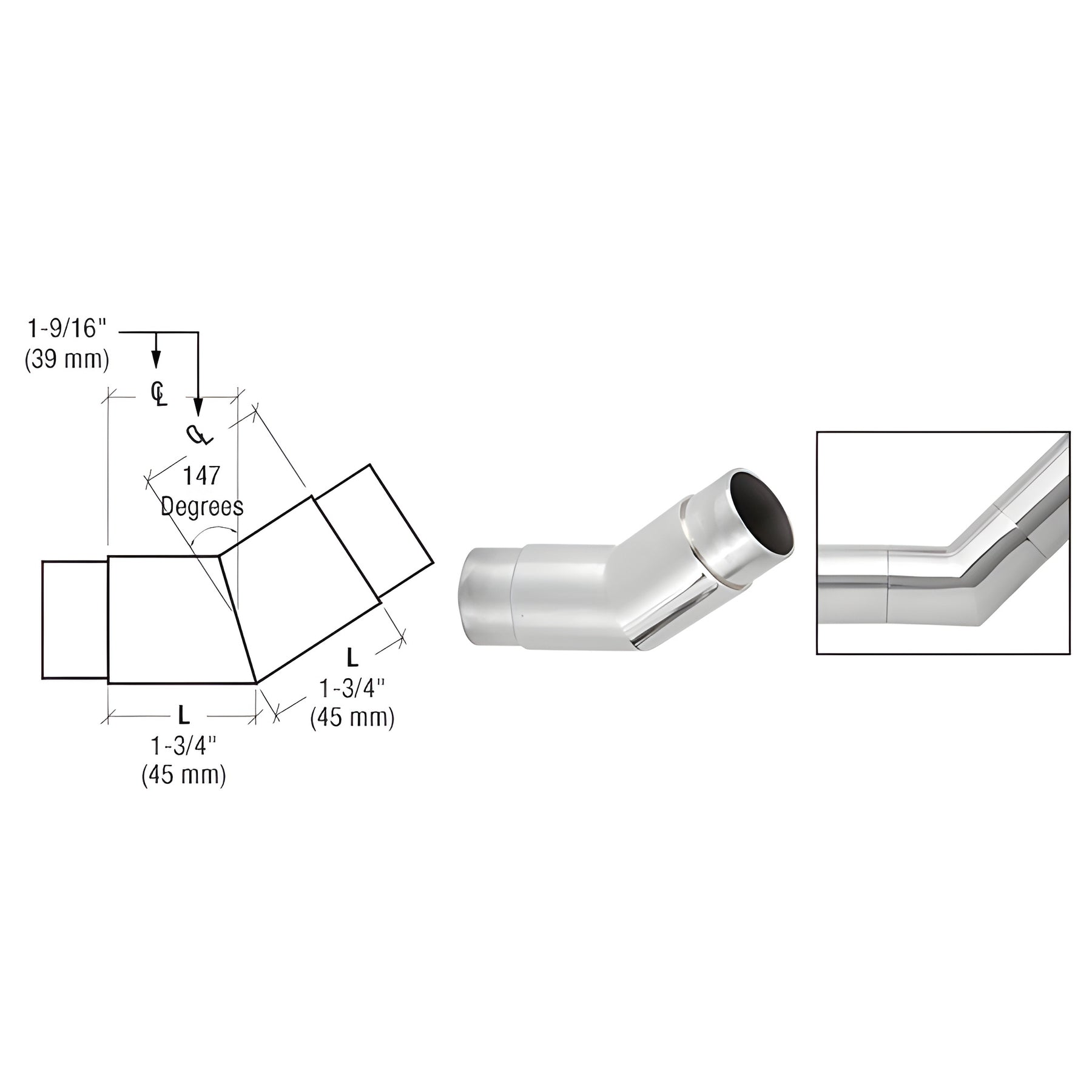 CRL Polished Stainless 147 Degree Flush Angle for 1-1/2" Tubing