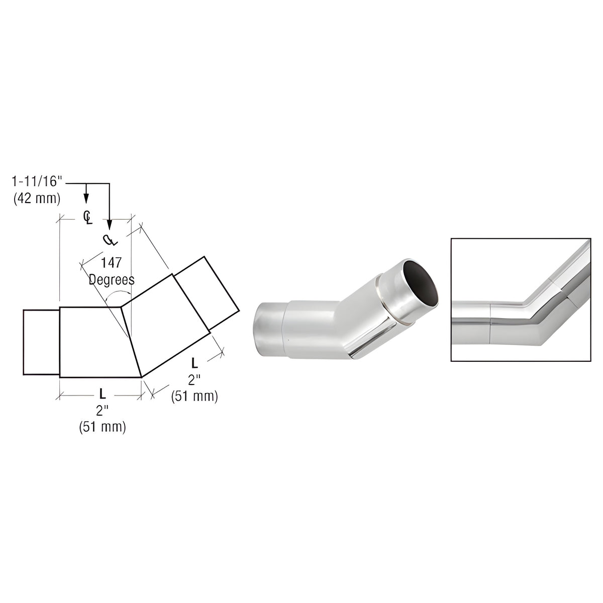 CRL Polished Stainless 147 Degree Flush Angle for 2" Tubing