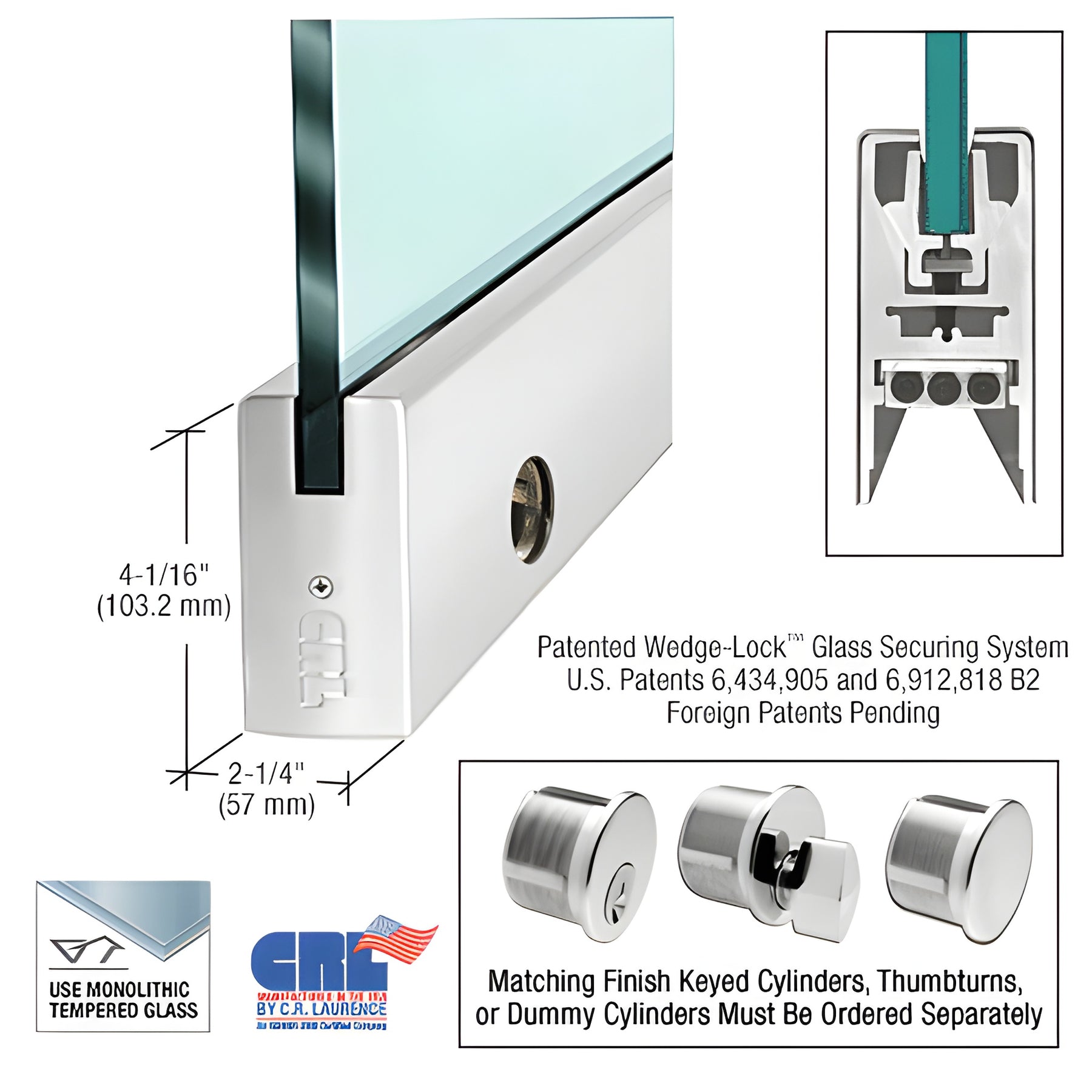 CRL Polished Stainless 3/4" Glass 4" Square Door Rail With Lock - 35-3/4" Length