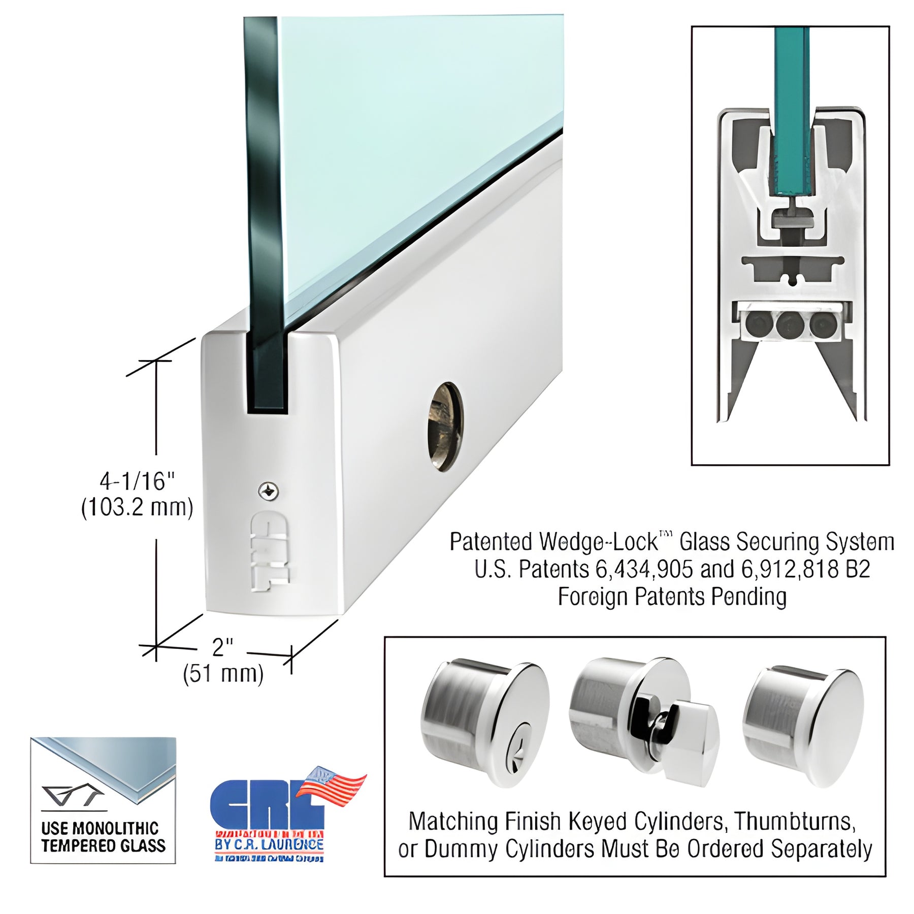 CRL Polished Stainless 3/8" Glass 4" Square Door Rail With Lock - 35-3/4" Length