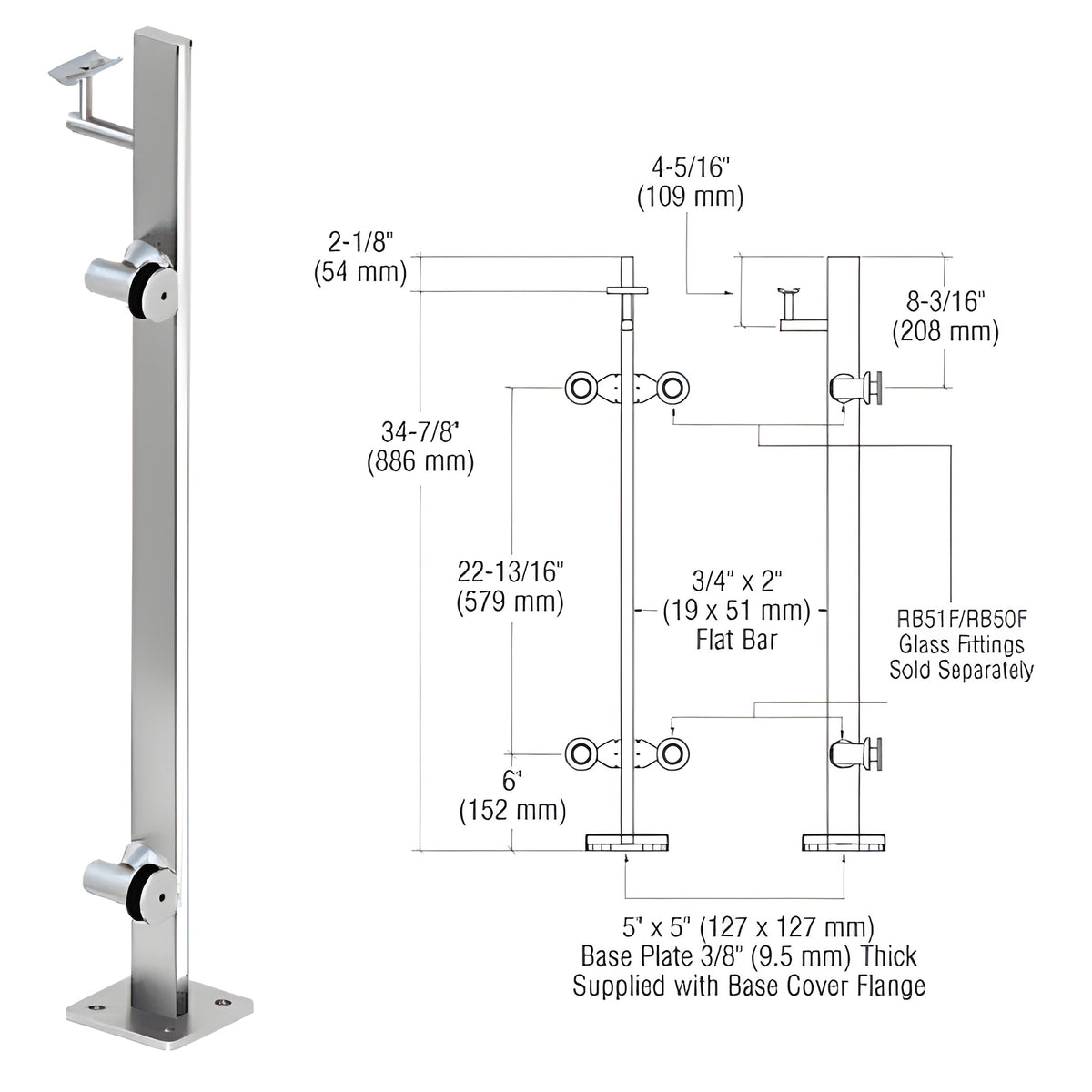 CRL Polished Stainless 36" P3 Series Right Hand End Post Railing Kit