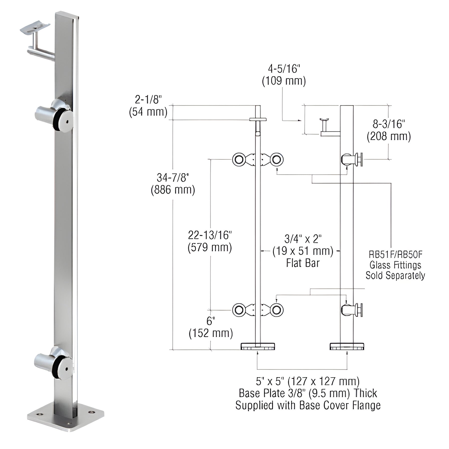 CRL Polished Stainless 36" P3 Series Right Hand End Post Railing Kit