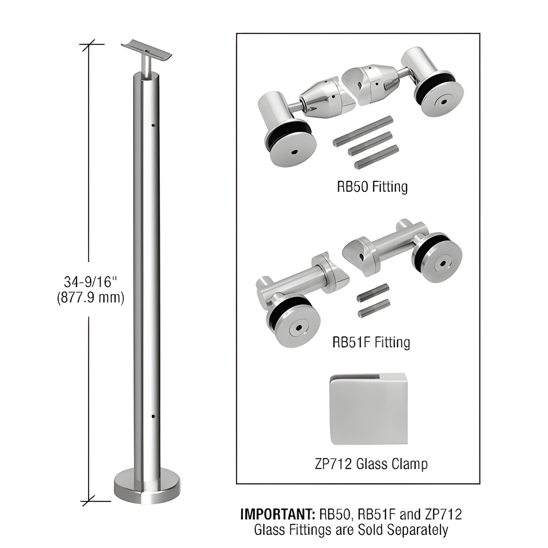 CRL Polished Stainless 36" P7 Series End Post Railing Kit No Fittings