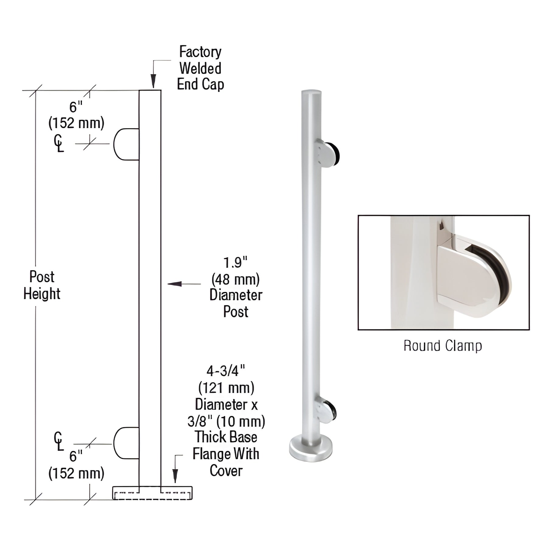 CRL Polished Stainless 36" Steel Round Glass Clamp End Post Railing Kit