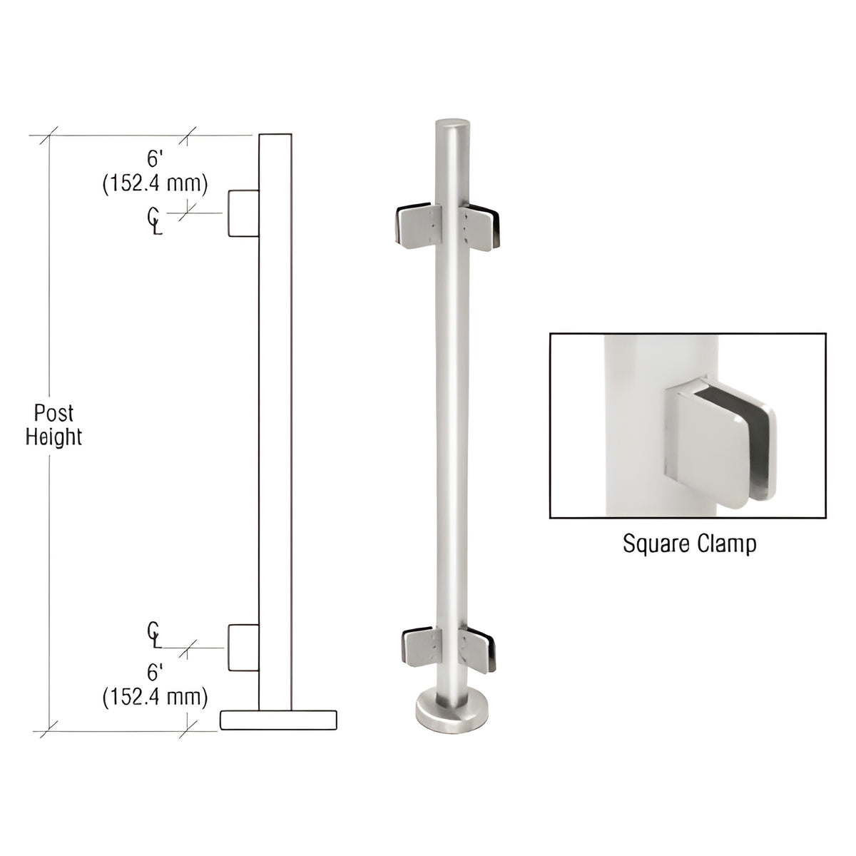 CRL Polished Stainless 36" Steel Square Glass Clamp 135 Degree Center Post Railing Kit
