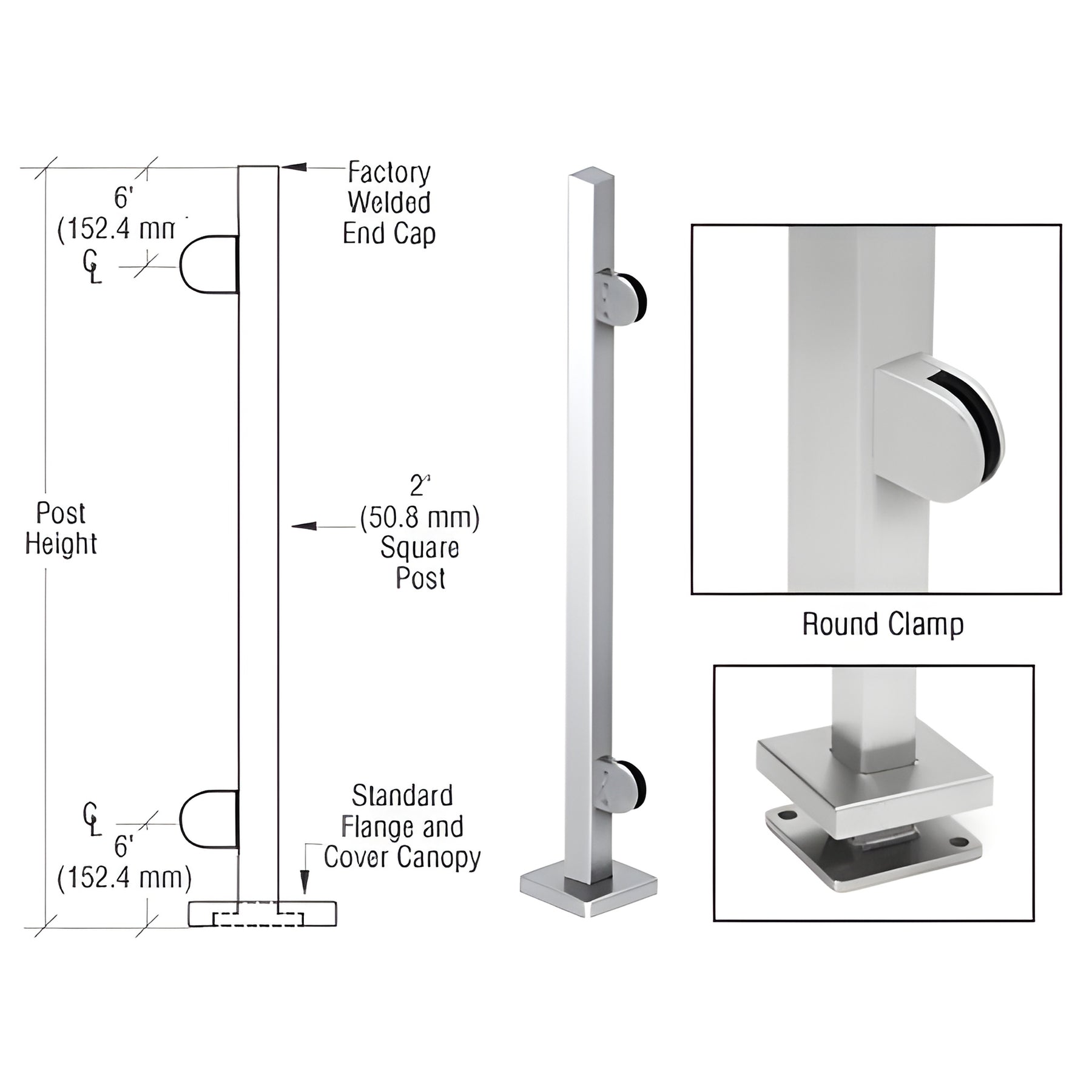 CRL Polished Stainless 36" Steel Square Glass Clamp End Square Post Railing Kit