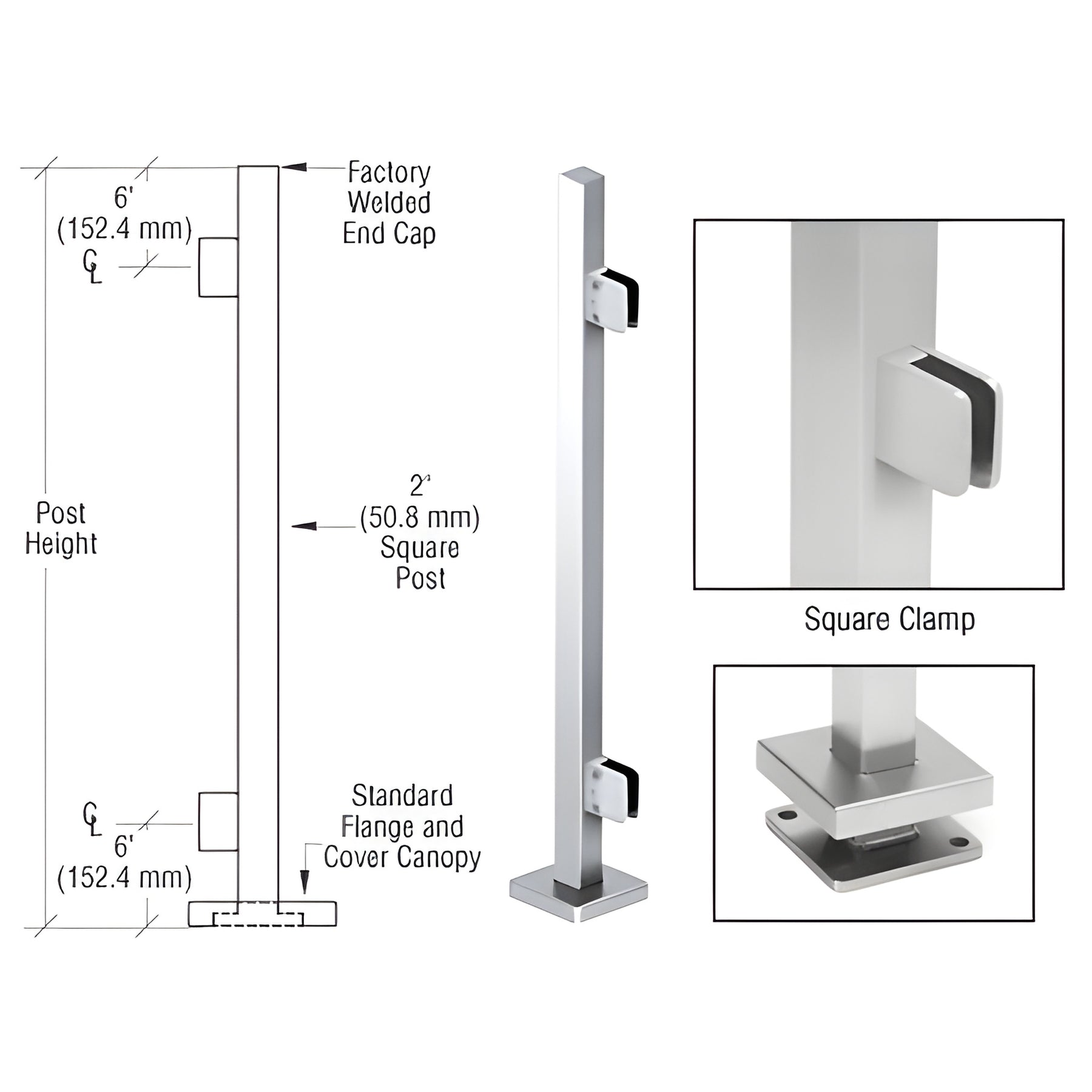 CRL Polished Stainless 36" Steel Square Glass Clamp End Square Post Railing Kit