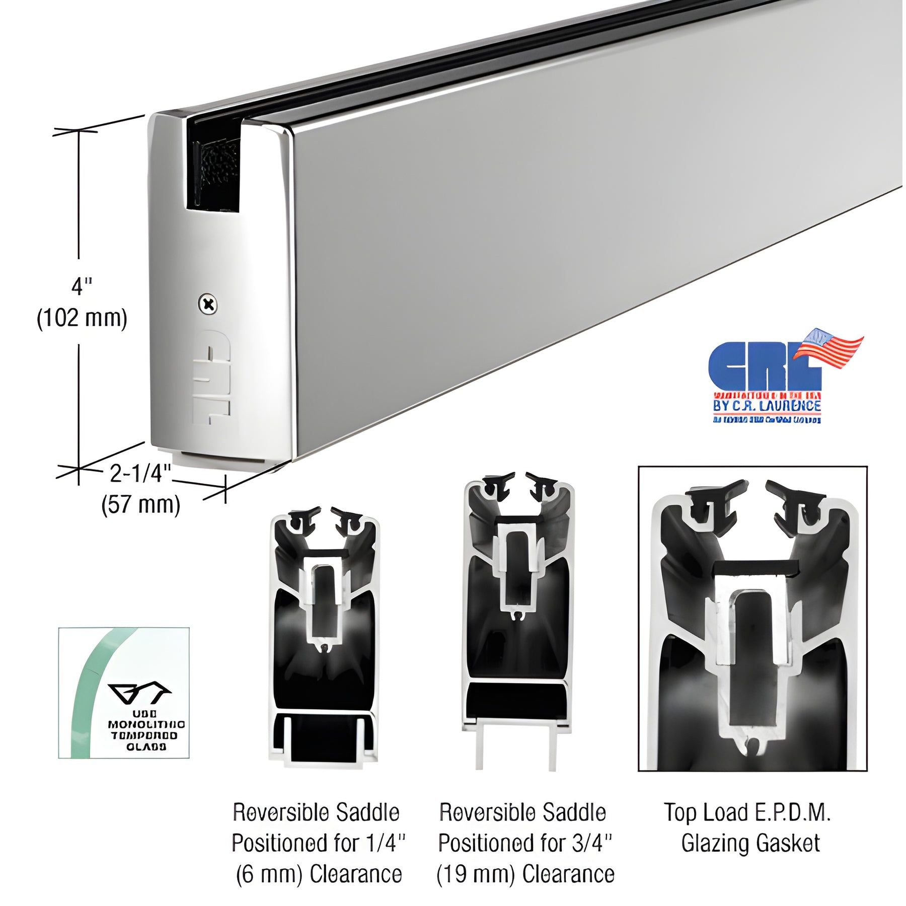 CRL Polished Stainless 4" Custom Length Square Sidelite Rail for 3/4" Glass